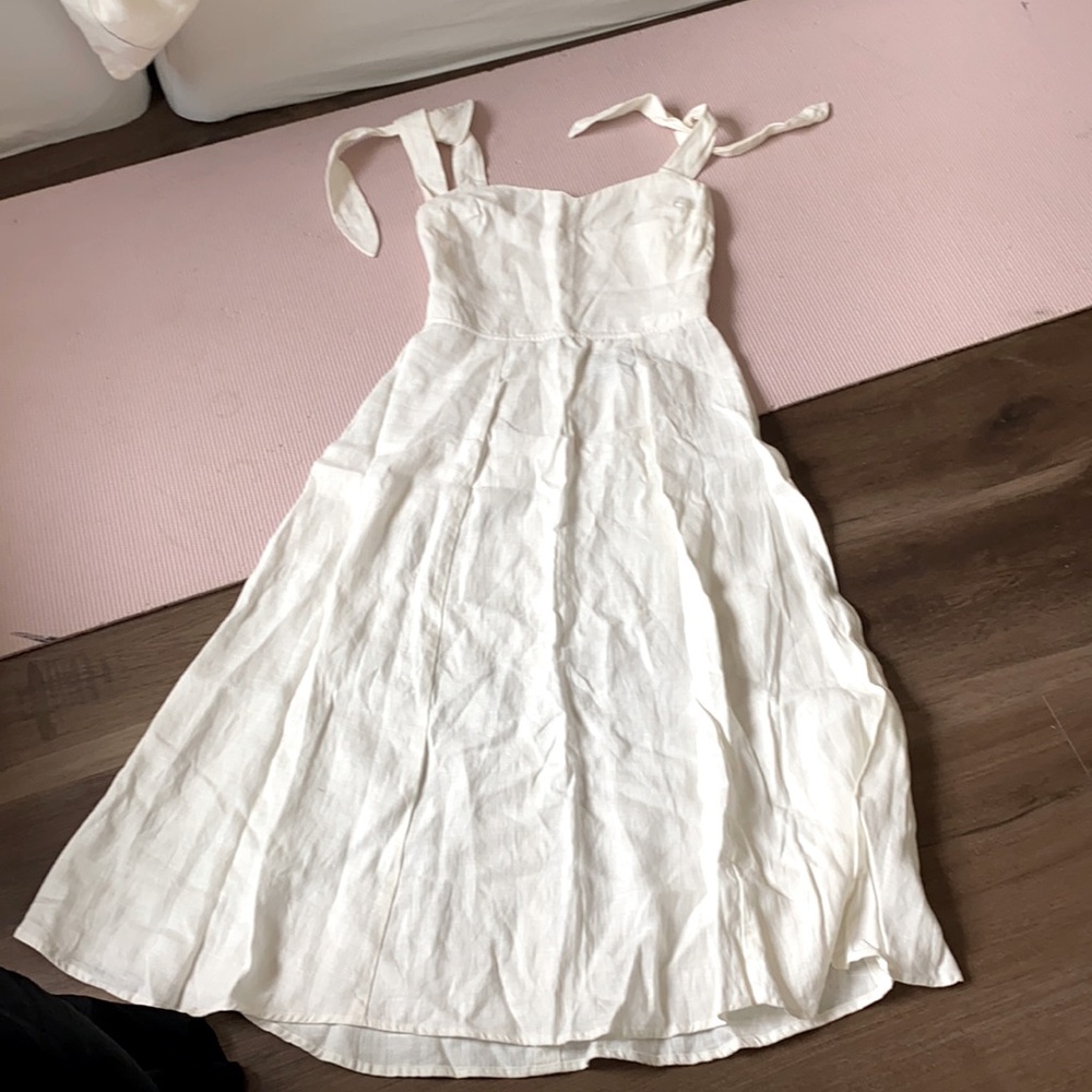 White Tie-Shoulder Linen Midi Dress